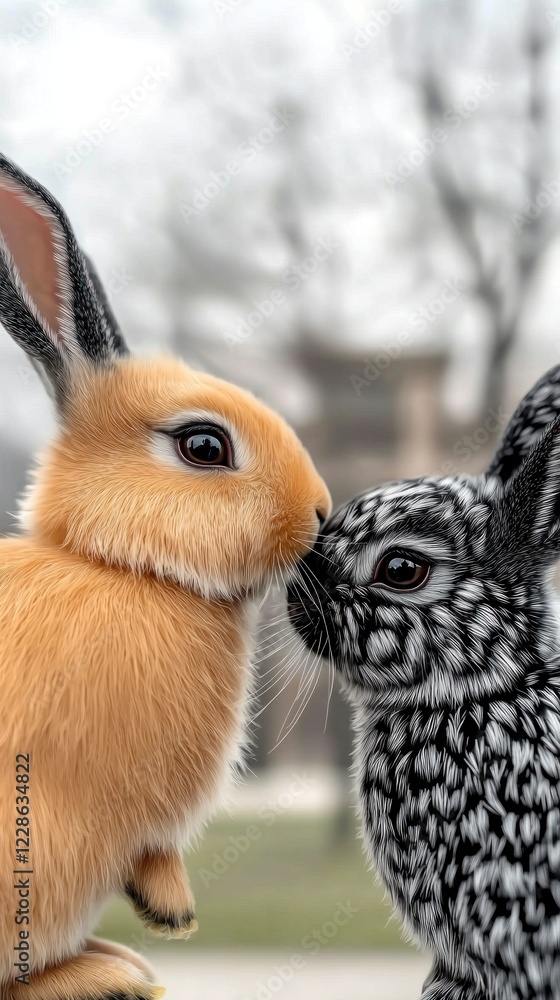 Obraz premium Adorable Rabbits Nose to Nose Close Up Fluffy Fur Pet Animals