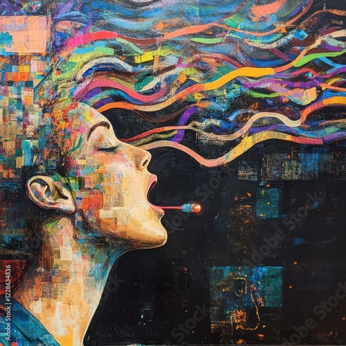 Abstract colorful portrait of a woman with vibrant hair, taking a pill.