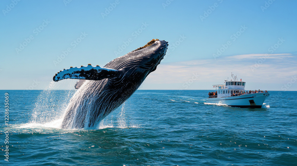 Fototapeta premium humpback whale breaches dramatically near boat filled with spectators, showcasing its immense size and grace against clear blue sky. scene captures beauty of marine life and excitement of whale