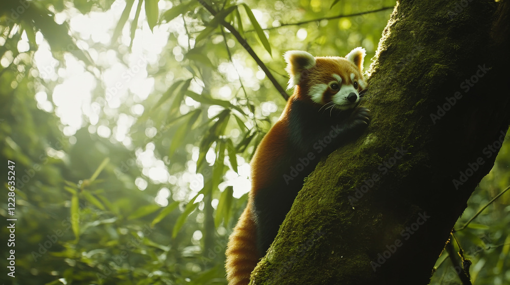 Red panda climbing tree in lush green forest, showcasing its vibrant fur and playful nature. serene environment highlights beauty of wildlife Red panda climbing tree in lush green forest, showcasing its vibrant fur and playful nature. serene environment highlights beauty of wildlife