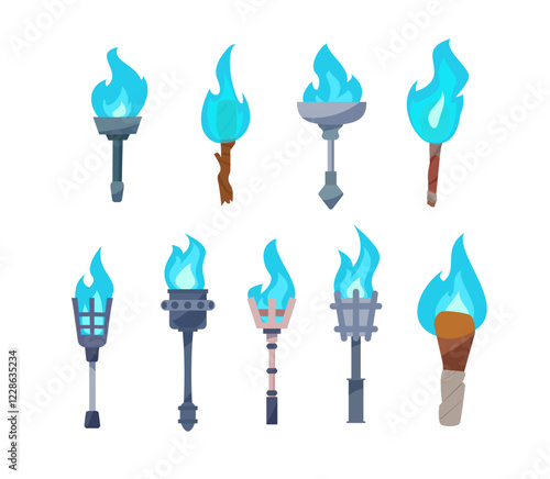 A set of vector torches with blue flames and magical sparks on a white background