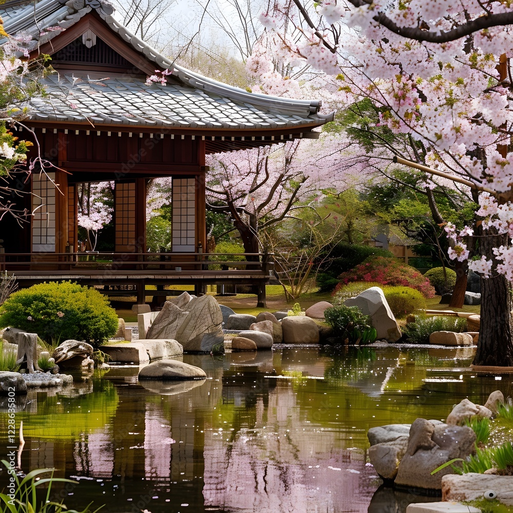 Tranquil Japanese Zen Garden with Cherry Blossoms and Serene Spring Pond Tranquil Japanese Zen Garden with Cherry Blossoms and Serene Spring Pond