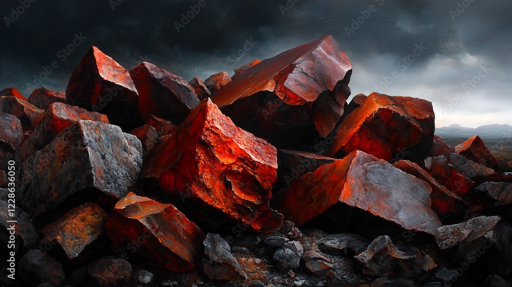 Fiery Rocks Under a Stormy Sky: A Dramatic Landscape Fiery Rocks Under a Stormy Sky: A Dramatic Landscape