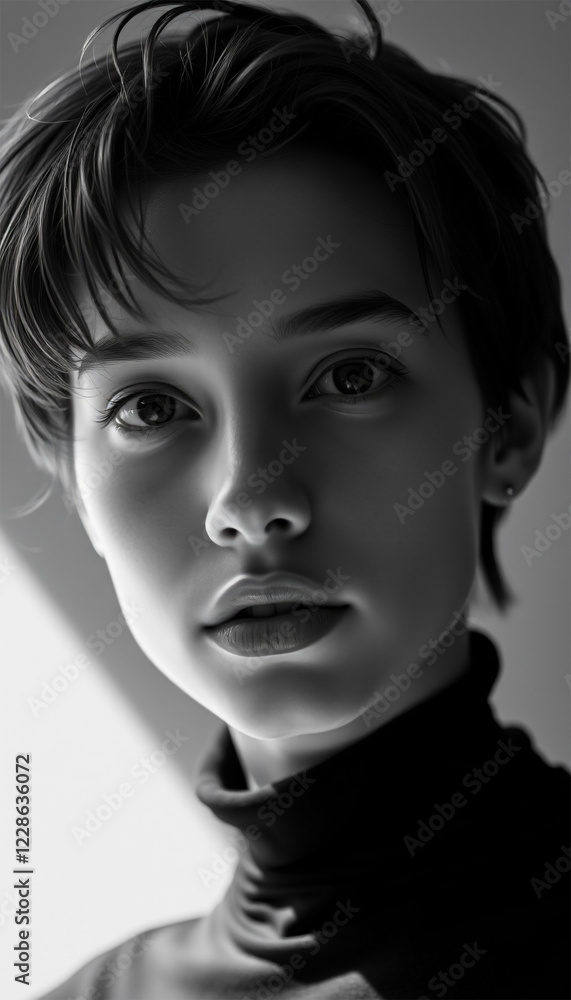 Black and white close-up of a young woman with short hair Black and white close-up of a young woman with short hair