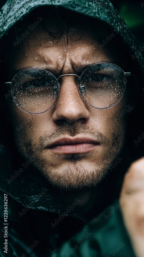 Fototapeta premium Annoyed Man in Rain Wet Face Glasses Closeup