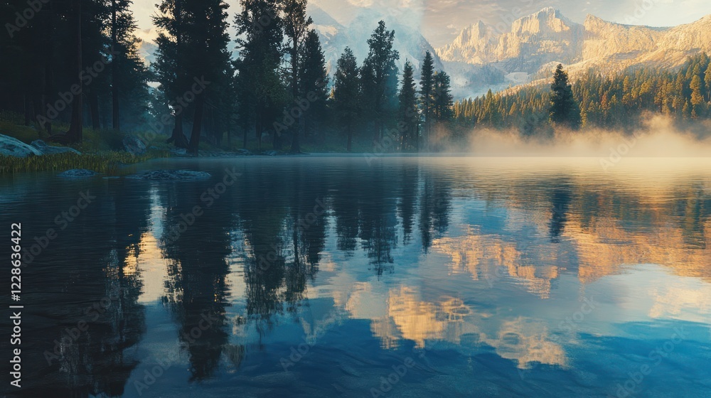Fototapeta premium Mountain lake sunrise reflection mist