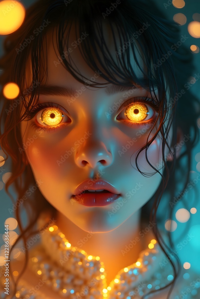 Fototapeta premium A dreamy surreal anime-inspired portrait with golden eyes and a mystical glow.