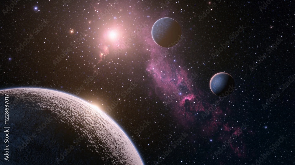 Naklejka premium Cosmic Landscape Planets Nebula Stars Space Exploration