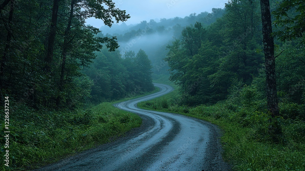 Winding wet road through misty Appalachian forest at dusk Winding wet road through misty Appalachian forest at dusk