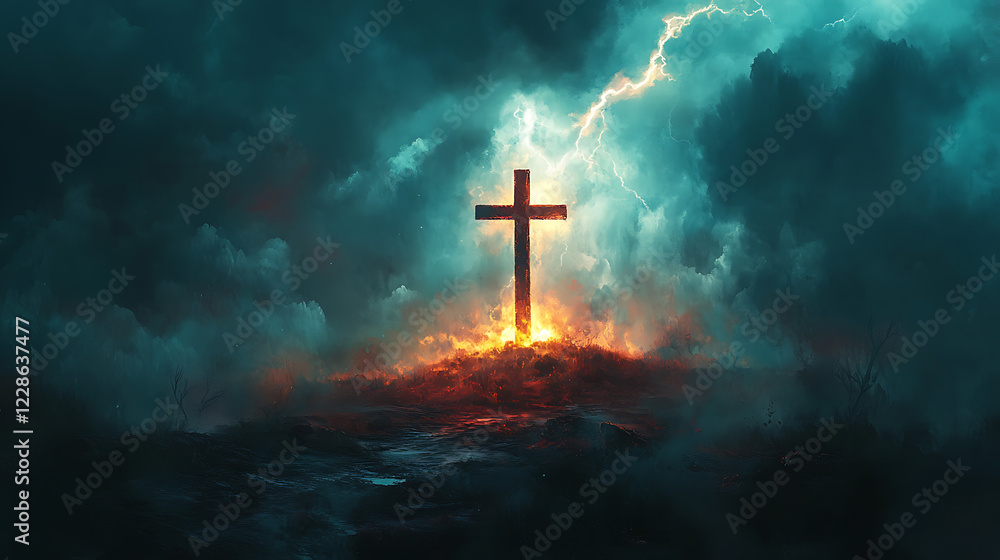 The cross on a hilltop illuminated by a powerful lightning bolt, the storm clouds glowing faintly with residual light, the ground barren and cracked, cinematic and hyperrealistic detail0, The cross on a hilltop illuminated by a powerful lightning bolt, the storm clouds glowing faintly with residual light, the ground barren and cracked, cinematic and hyperrealistic detail0,