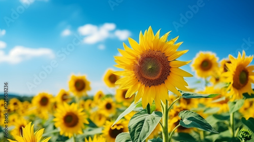 Fototapeta Naklejka Na Ścianę i Meble -  Sunflower field with cloudy blue sky. Sunflower landscape