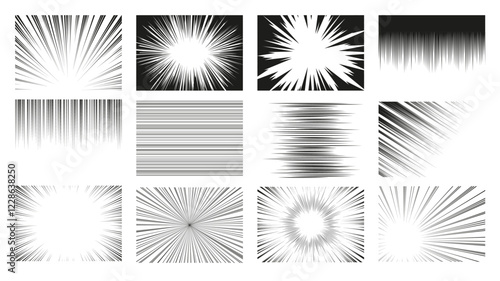 Radial speed lines for comic book, Manga or anime frame, zoom and motion effects black white vector backgrounds set