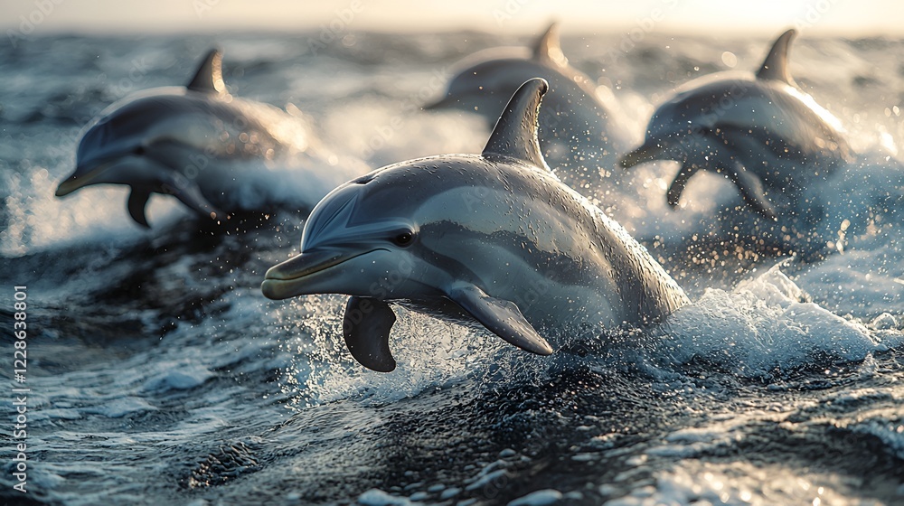 Obraz premium Dolphins leaping, ocean sunset, wildlife, marine mammals, nature background, travel photography