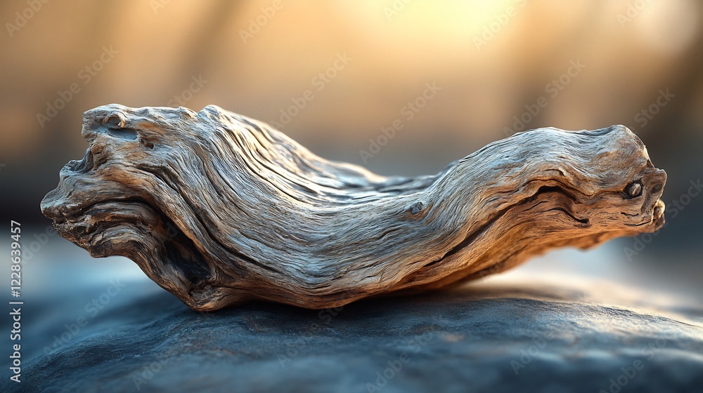 Warm light bathes weathered driftwood sculpture serene coastal scene. AI Generated Warm light bathes weathered driftwood sculpture serene coastal scene. AI Generated