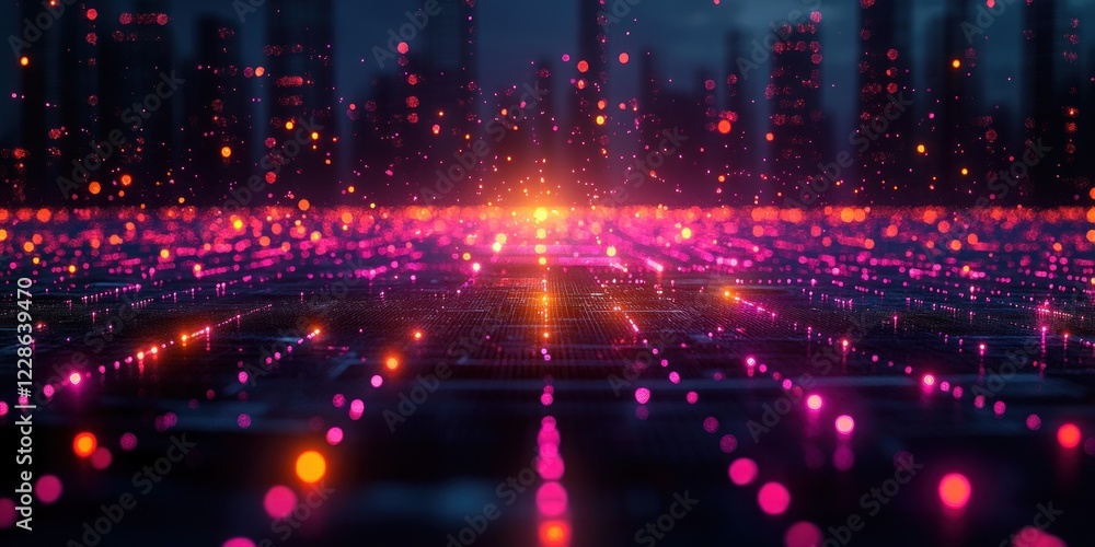 Futuristic Cityscape: Neon Lights and Digital Particles Futuristic Cityscape: Neon Lights and Digital Particles