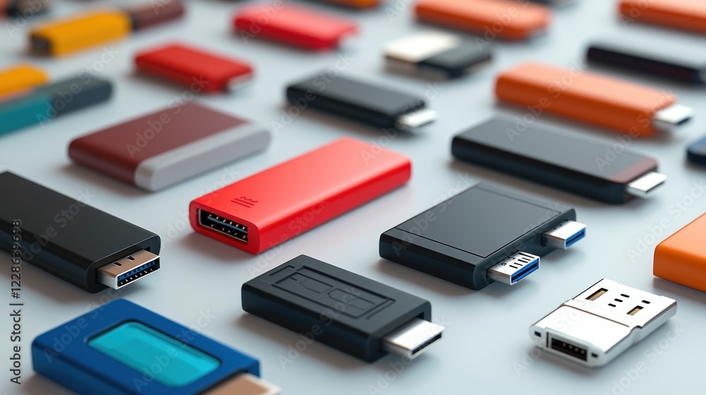 Fototapeta premium Colorful USB adapters arranged on a light gray surface, showcasing various ports and connectors