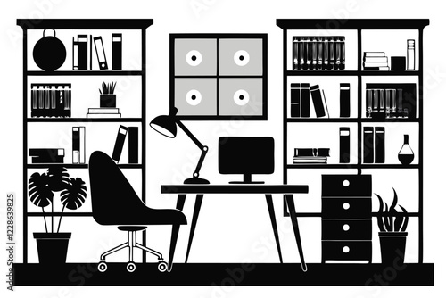 Computer and study desk room silhouette vector illustration isolated on a white background