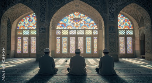 Three Men Praying in Mosque with Stained Glass Windows photo