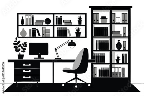 Computer and study desk room silhouette vector illustration isolated on a white background