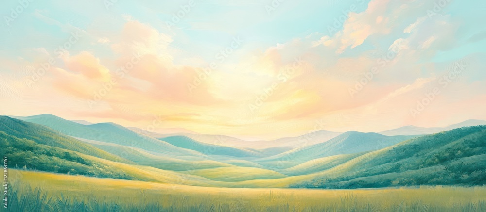 Fototapeta premium Serene sunset over rolling hills and fields.