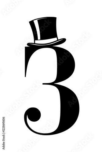 Elegant black and white typographic design featuring the number 3 adorned with a classic top hat, symbolizing sophistication and vintage style.  
