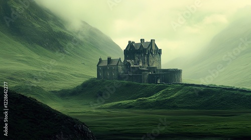 Misty Scottish Highlands Castle, Green Hills, Foggy Landscape, Fantasy, Travel