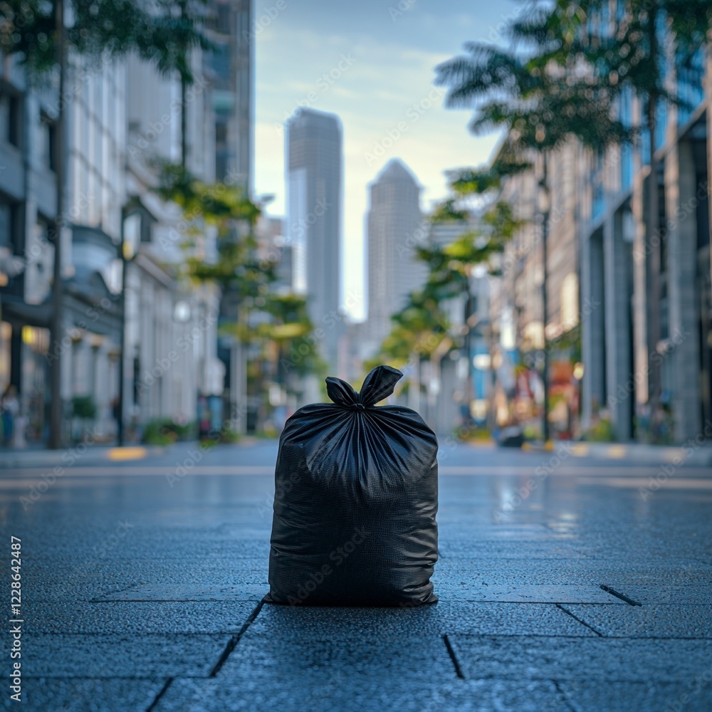 Obraz premium City Street Waste Disposal Black Trash Bag on Pavement