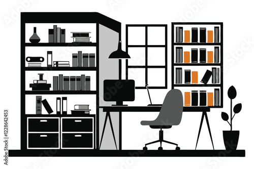 Computer and study desk room silhouette vector illustration