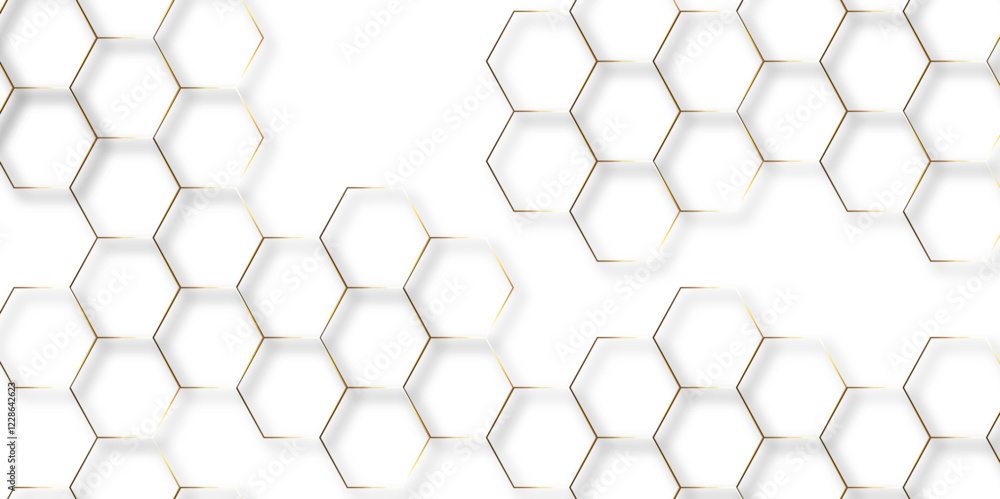 Fototapeta premium Abstract hexagon white background with shadow .golden background Futuristic blue neon honeycombs. Modern technology design. Vector illustration. 