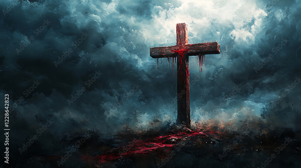 The vital fluid of Jesus trickling down the cross, the vivid red standing out against the aged wood, storm clouds gathering in the darkened sky, dramatic lighting and hyperrealistic textures, The vital fluid of Jesus trickling down the cross, the vivid red standing out against the aged wood, storm clouds gathering in the darkened sky, dramatic lighting and hyperrealistic textures,