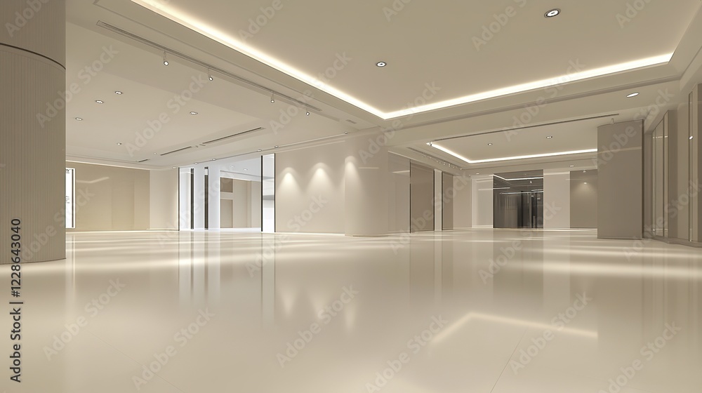 Fototapeta premium Futuristic Perspective View of an Empty Space with Hidden Lighting: Modern Background Design with a White Floor and Ceiling, Evoking a Sense of Future Technology for Showrooms