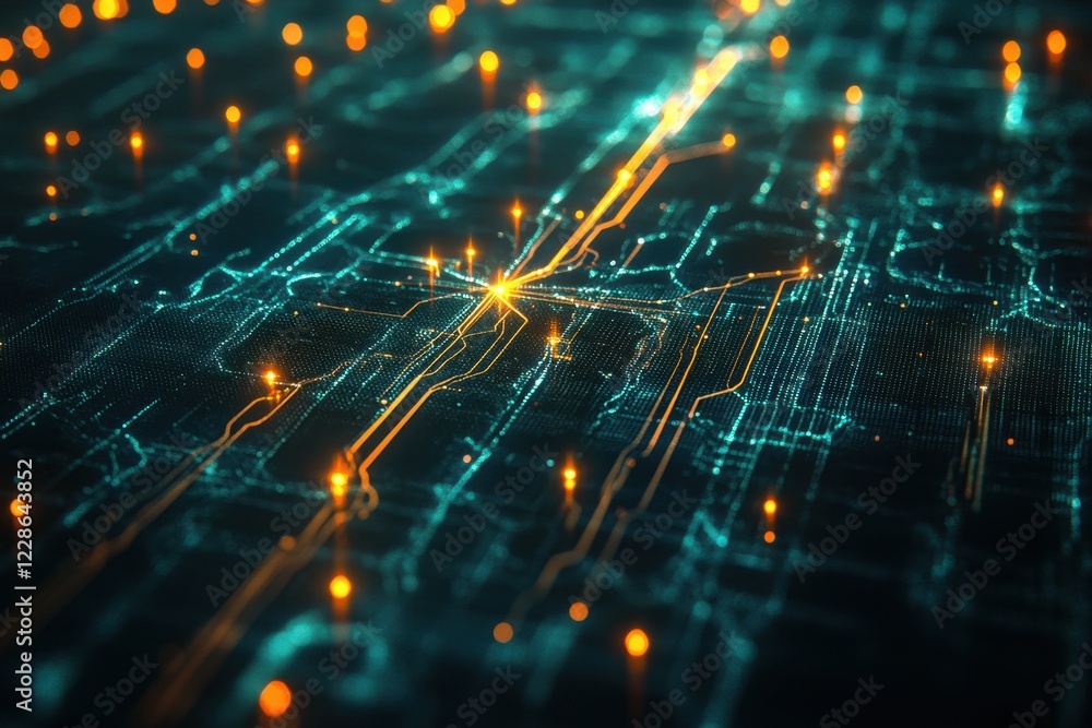 Obraz premium Glowing Digital Data Stream in Smart City Infrastructure