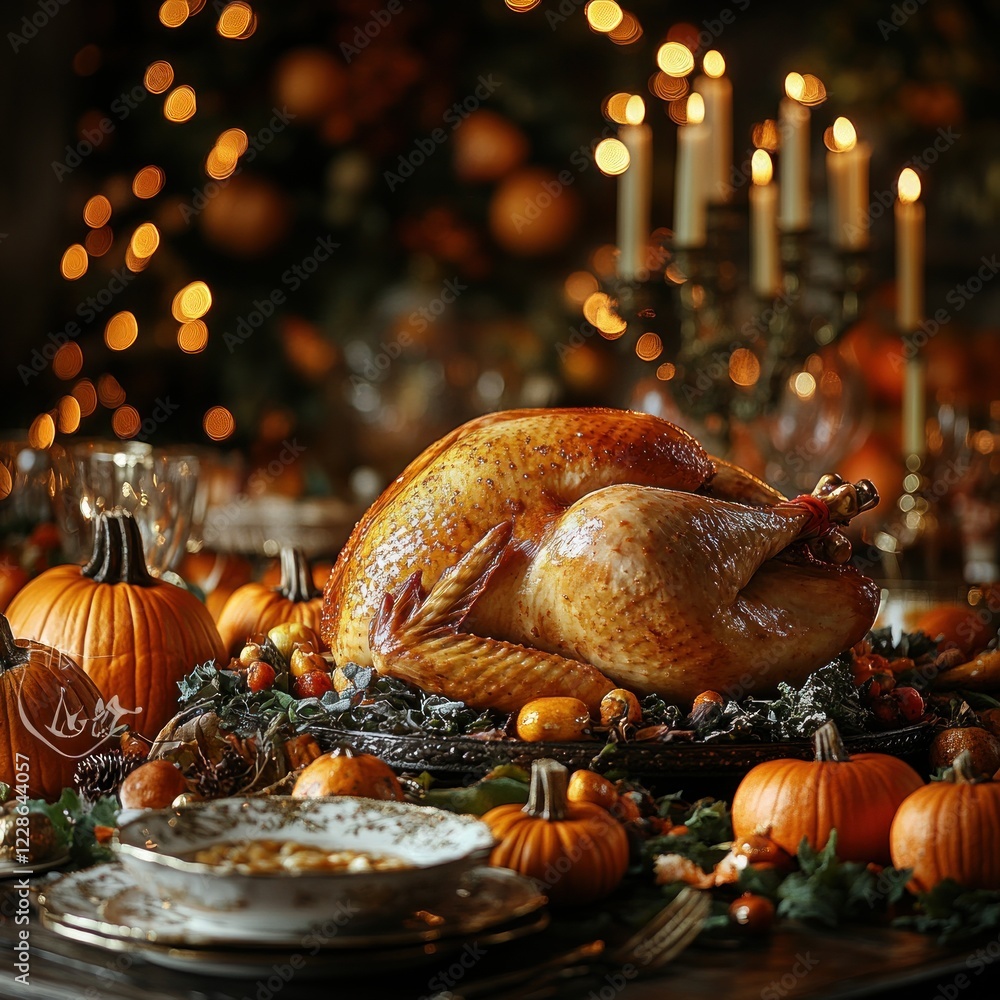 Autumn Feast Golden Roast Turkey Dinner with Pumpkins and Vegetables Autumn Feast Golden Roast Turkey Dinner with Pumpkins and Vegetables