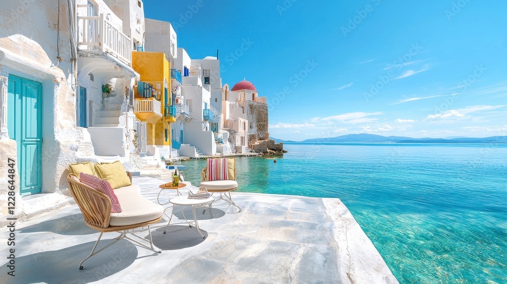 Fototapeta premium Picturesque Mediterranean Coastal Town with Azure Sea and Sunny Patio, Evoking Serenity and Vacation Dreams