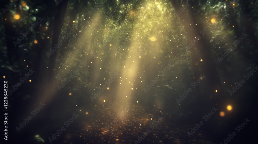 Naklejka premium Enchanted Forest Path with Glowing Lights and Beams