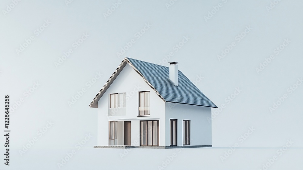 A minimalist 3D rendering of a white modern house with a blue tiled roof on a light background A minimalist 3D rendering of a white modern house with a blue tiled roof on a light background