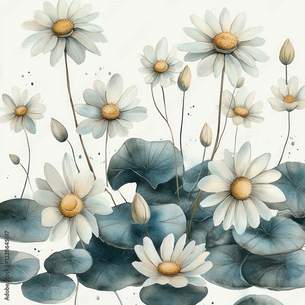 Obraz premium Watercolor Daisies and Lily Pads Illustration with Pastel Colors and Natural Light