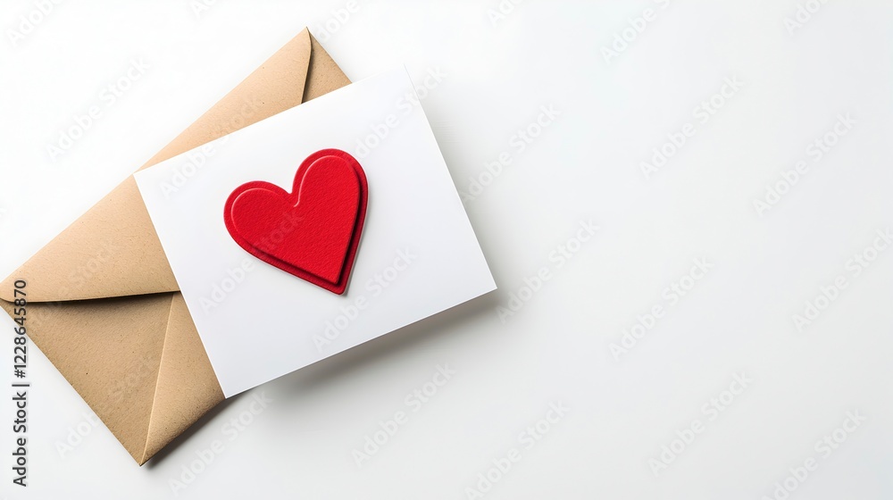 Red Heart on White Card with Brown Envelope for Valentine's Day Red Heart on White Card with Brown Envelope for Valentine's Day