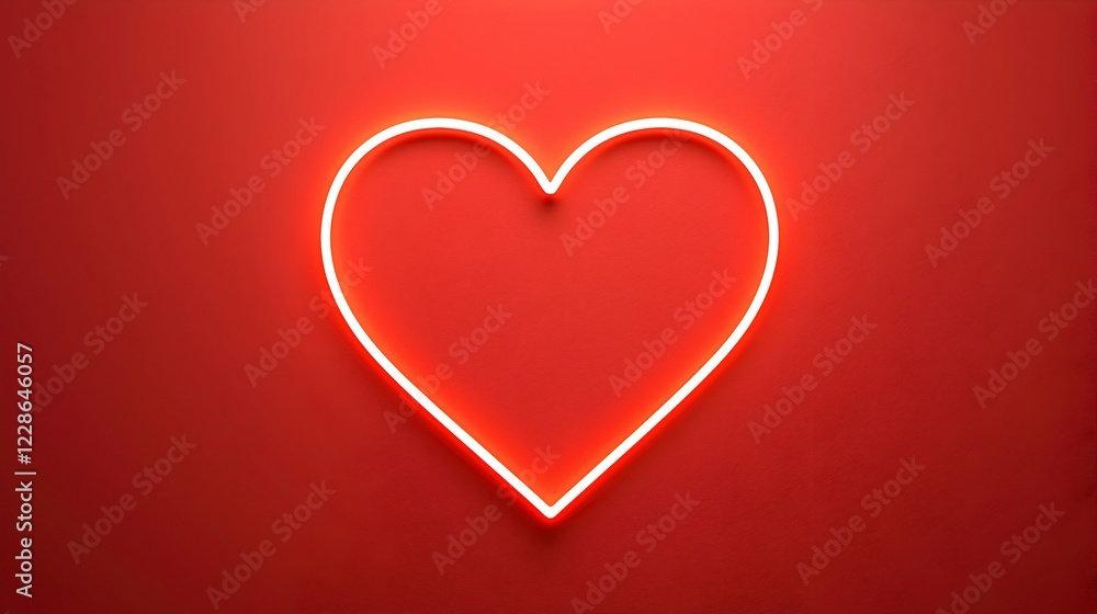Neon Heart Outline on Vibrant Red Background for Love Themes Neon Heart Outline on Vibrant Red Background for Love Themes