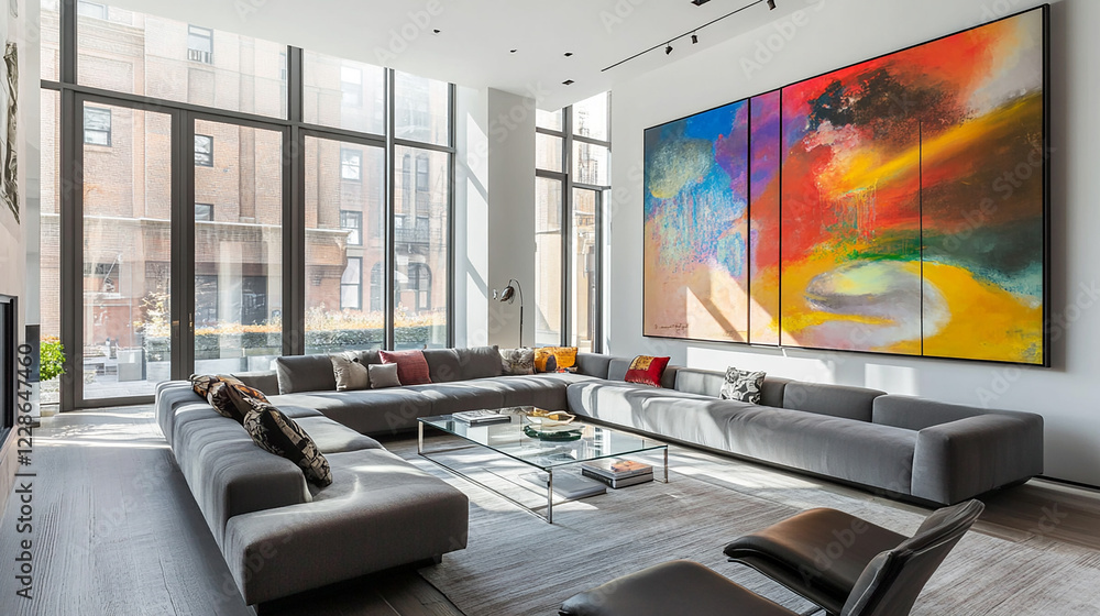 Fototapeta premium Modern Living Room with Sleek Gray Sectional Sofa and Stylish Decor
