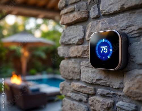 Smart Thermostat on Stone Wall Near Pool and Fire Pit
