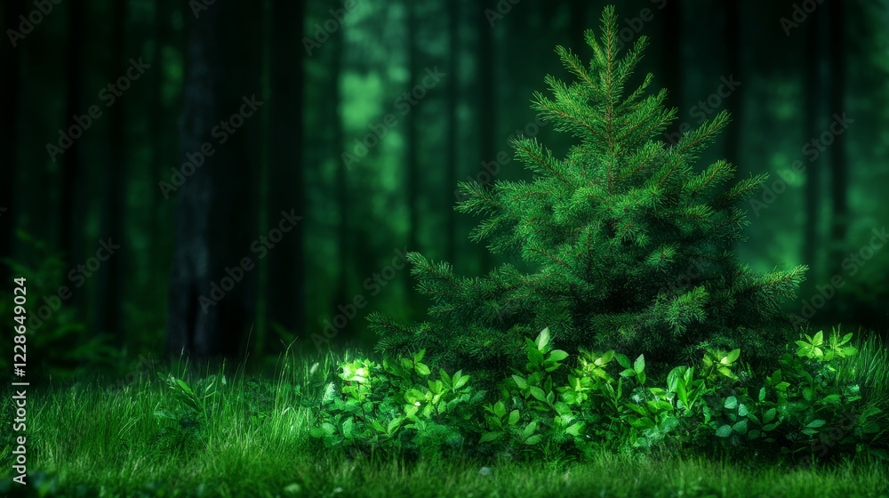 Enchanting Evergreen Sapling in Dark Forest Setting Enchanting Evergreen Sapling in Dark Forest Setting