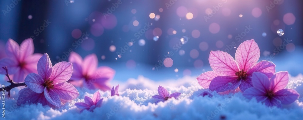 Sparkling purple snowflakes gently fall on a winter wonderland background, flowers, frosty, sparkles Sparkling purple snowflakes gently fall on a winter wonderland background, flowers, frosty, sparkles