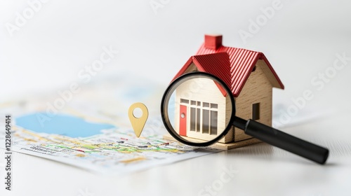 Miniature house model with magnifying glass over map showing location pin for real estate exploration and investment opportunities