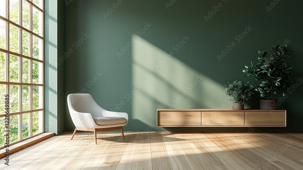 Scandinavian Minimalist Living Room with Green Wall and Wooden Flooring Scandinavian Minimalist Living Room with Green Wall and Wooden Flooring