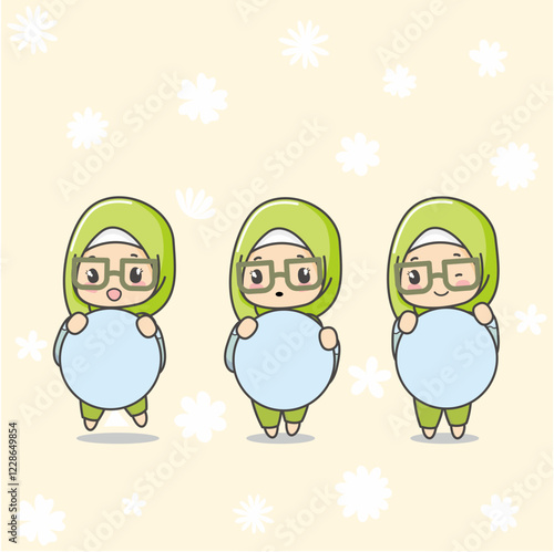 Three Cute light Green Hijab Moslem girl with glasses hold blank space sign board banner chibi kawaii character 