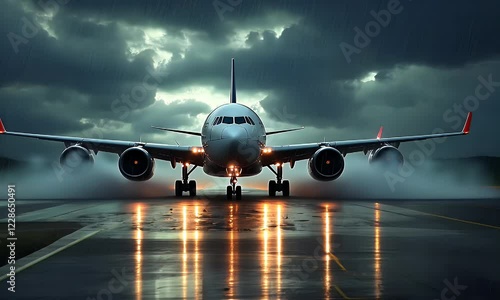 A dramatic airplane on a wet runway under dark, stormy skies, illuminated by its lights.