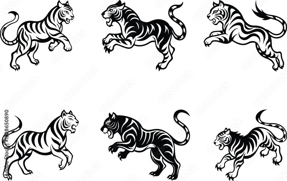 Fierce Tiger vector illustration set, Premium quality fierce Tiger silhouette vector art, fierce Tiger line art vector Fierce Tiger vector illustration set, Premium quality fierce Tiger silhouette vector art, fierce Tiger line art vector