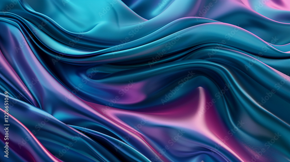 Fototapeta premium A close-up of luxurious satin fabric in deep blue with iridescent pink highlights, creating a mesmerizing, fluid effect