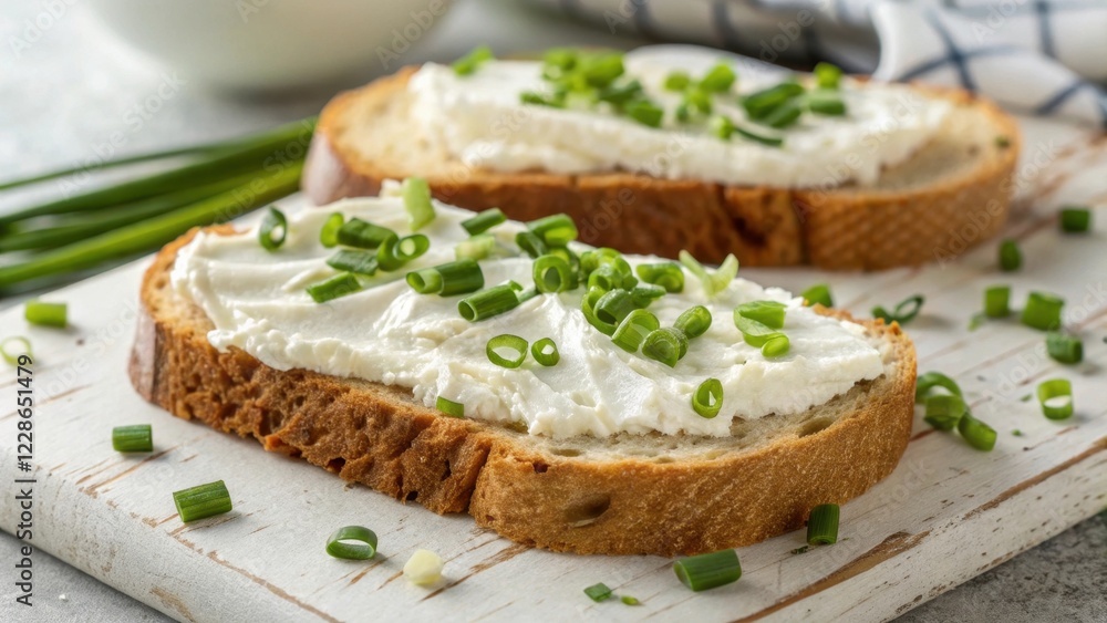 Cream cheese and spring onion toast on rustic board Cream cheese and spring onion toast on rustic board